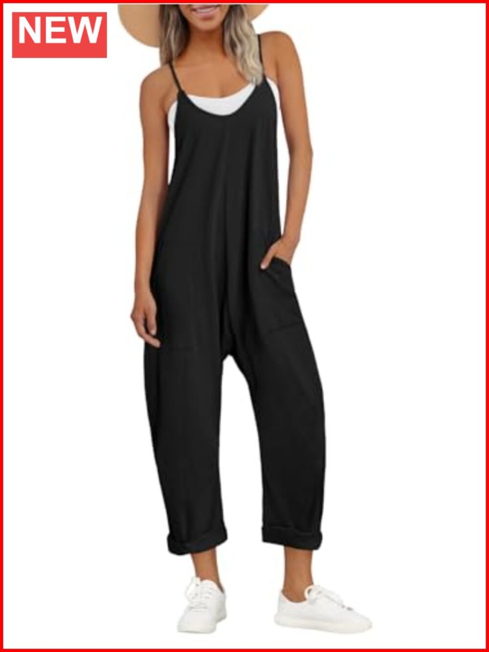 Spaghetti Strap Jumpsuit Cotton Spandex Loose Fit Beach Vacation